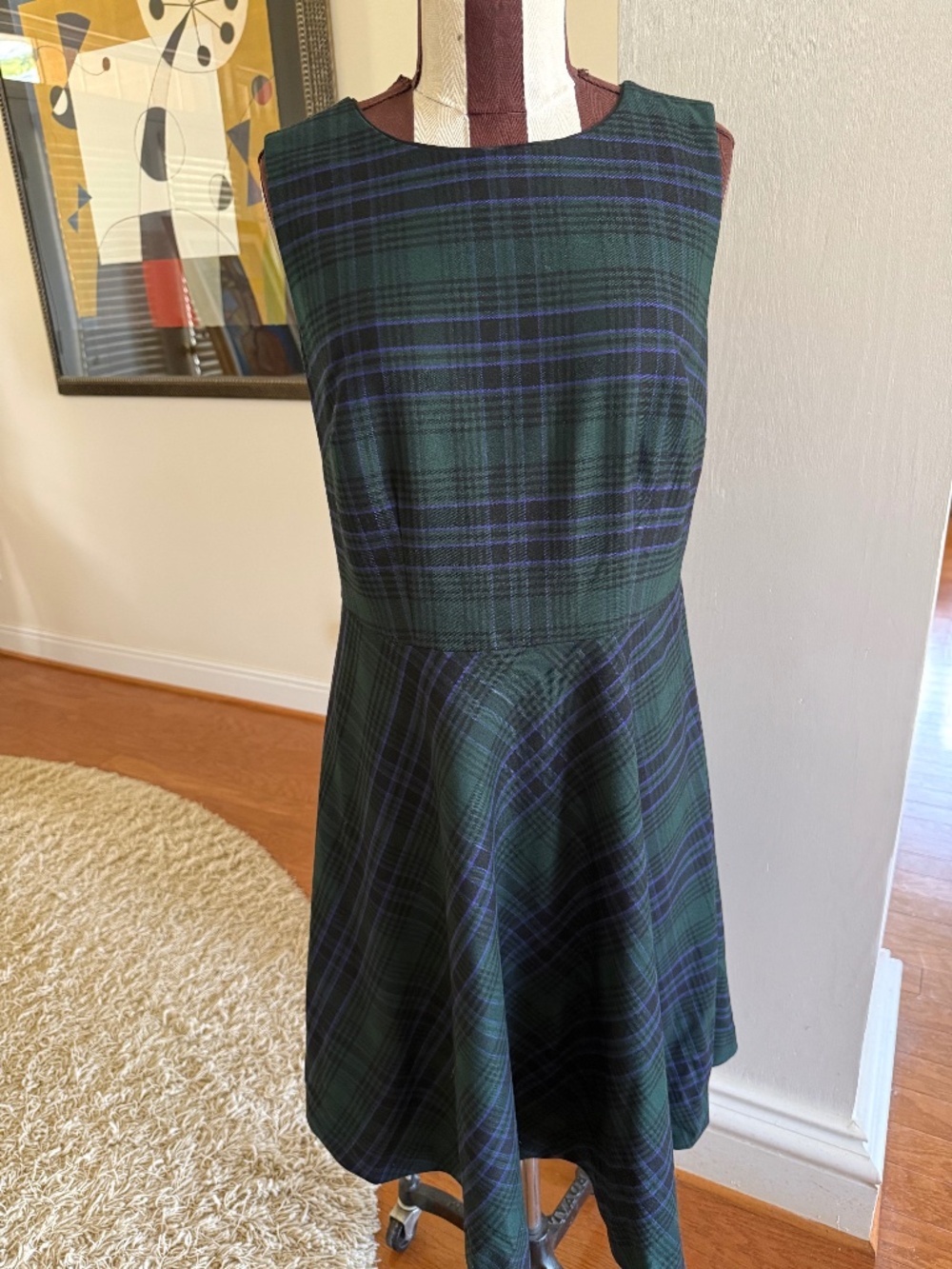 Talbots 8P Wool Blend Tartan Plaid Fit Flare Midi Dress Blue Green Tie Back
